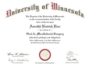 Doctor degree from University of Minnesota of Dr. Aarathi Ravish Rao
